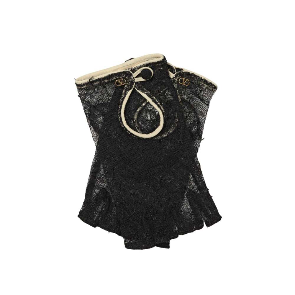 Valentino Garavani - Black Lace Gloves With Leather Profiles - 7